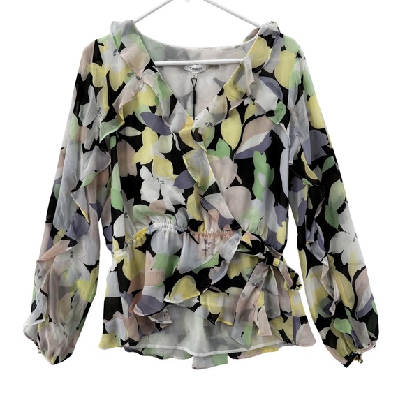 Calvin Klein Blouse Womens Medium Floral Chiffon Ruffle Wrap Top NWT - Picture 1 of 8